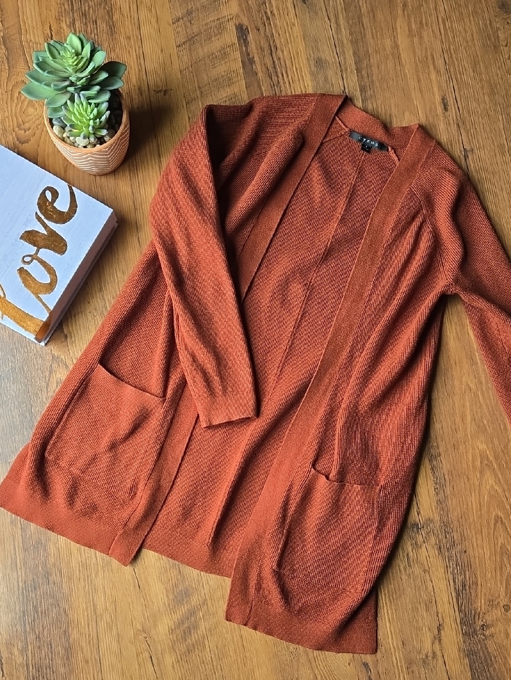Cyrus Womens Open-Front Rust Knit Cardigan Sweater Small With Pockets
